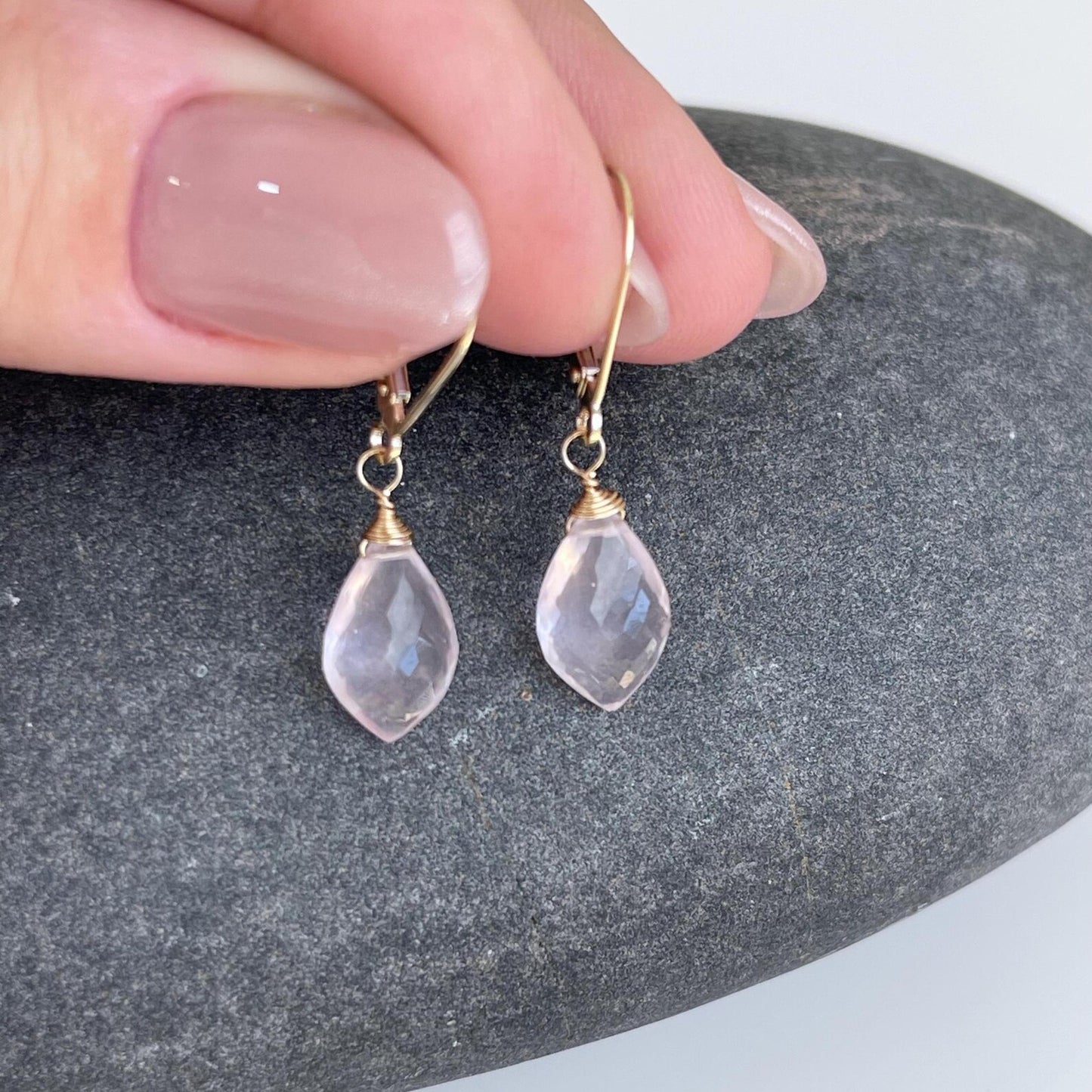 Rose Quartz Teardrop Earrings- Solid 14k Gold