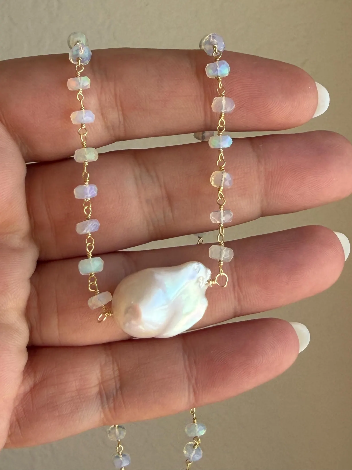 Baroque Pearl and Ethiopian Opal Beaded Necklace in Gold Filled, June and October Birthstone