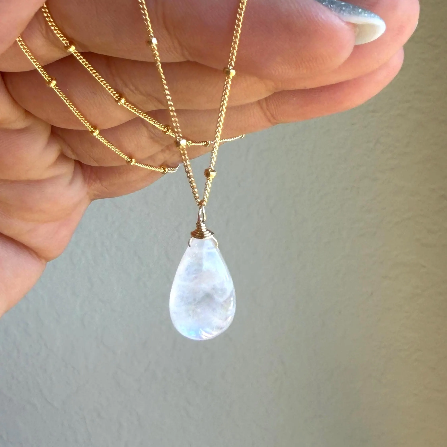 Rainbow Moonstone Smooth Teardrop Necklace- June Birthstone