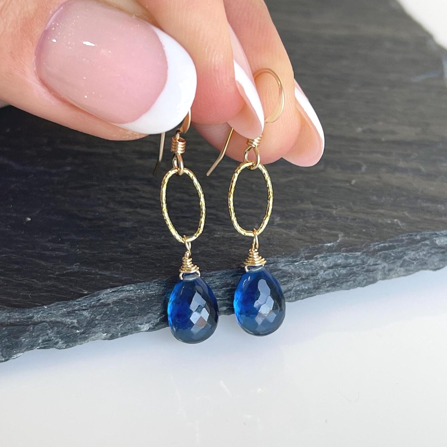 Blue Sapphire Teardrop Oval Link Earrings