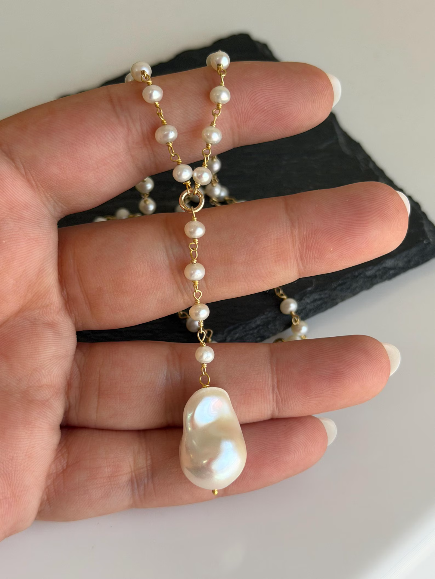 Baroque White Pearl Lariat Necklace