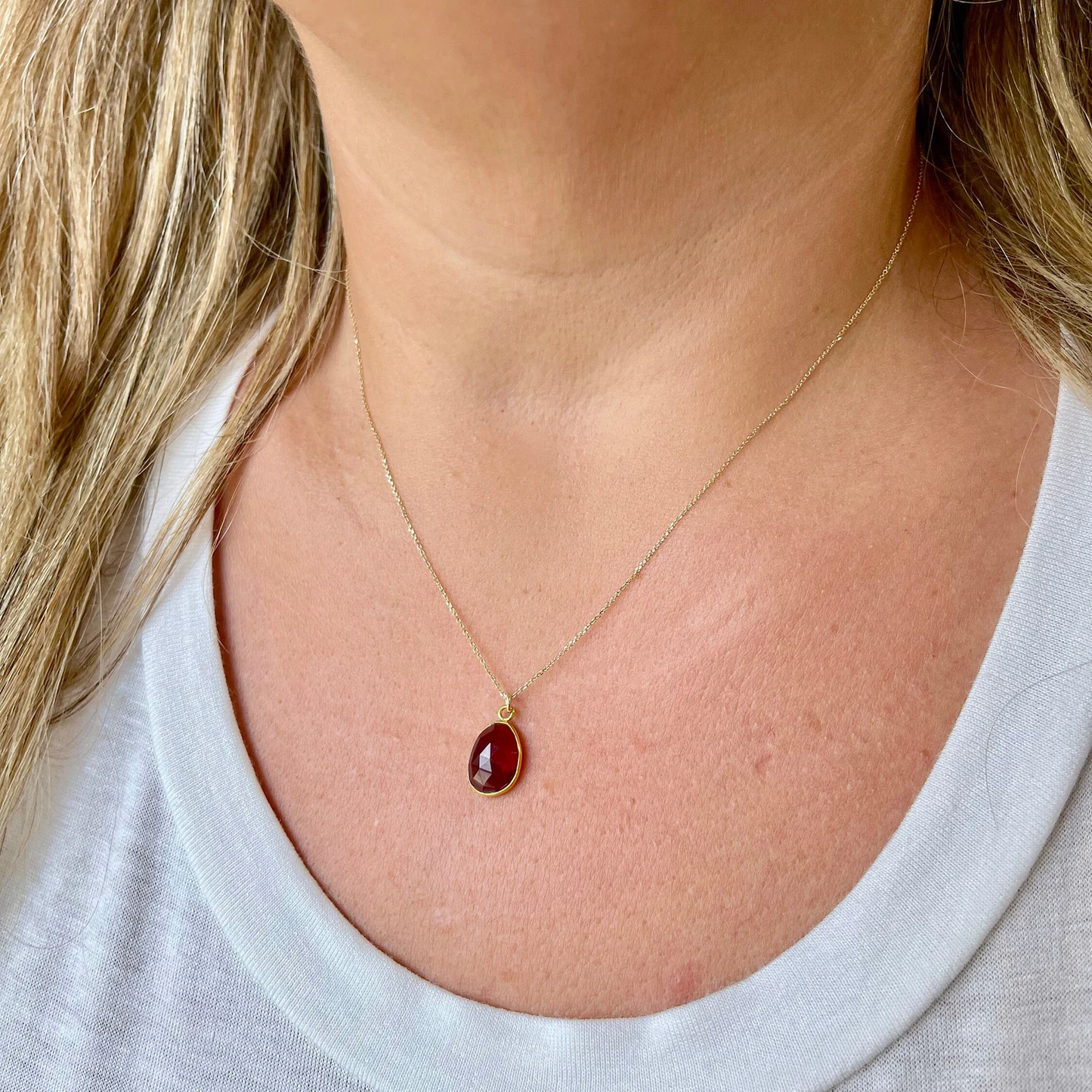 Garnet Oval Bezeled Necklace-Solid 14k Gold