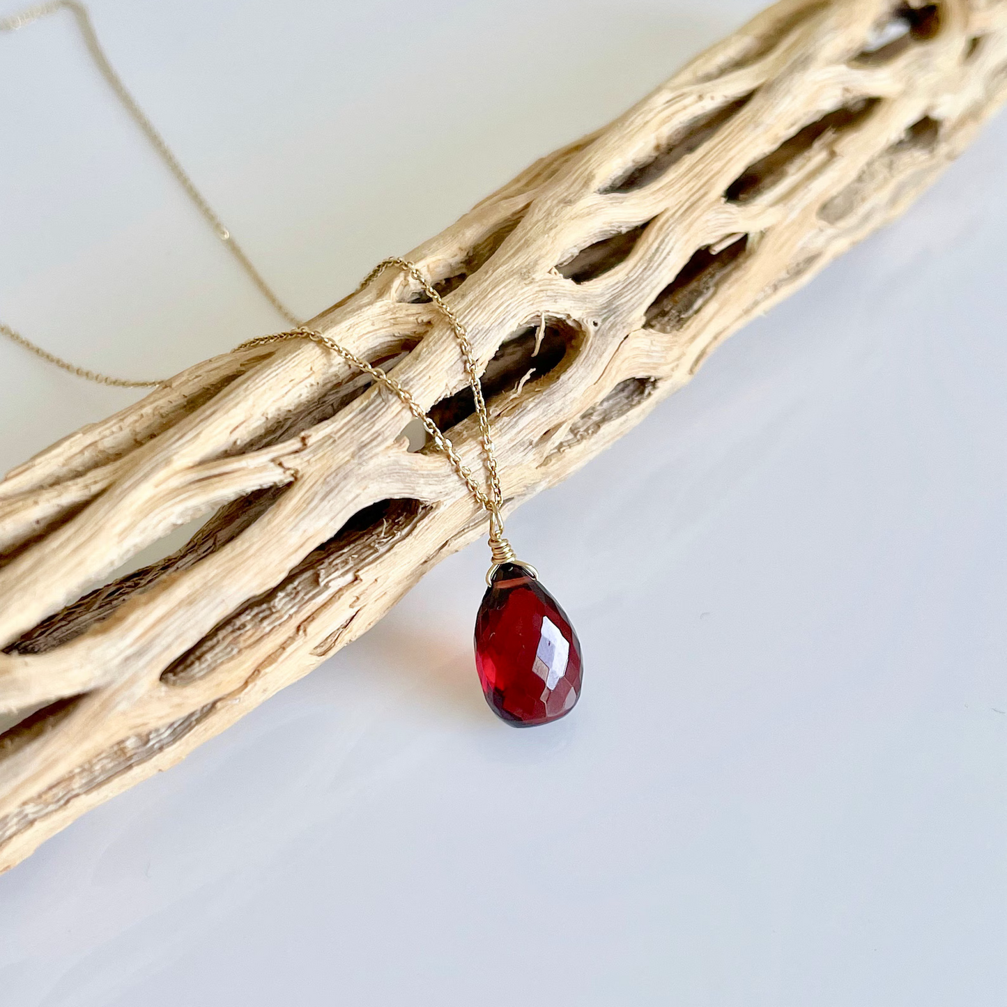 Garnet Teardrop Necklace- Solid 14k Gold January Birthstone