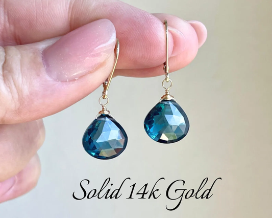 London Blue Topaz Teardrop Earrings- Solid 14k Gold December Birthstone