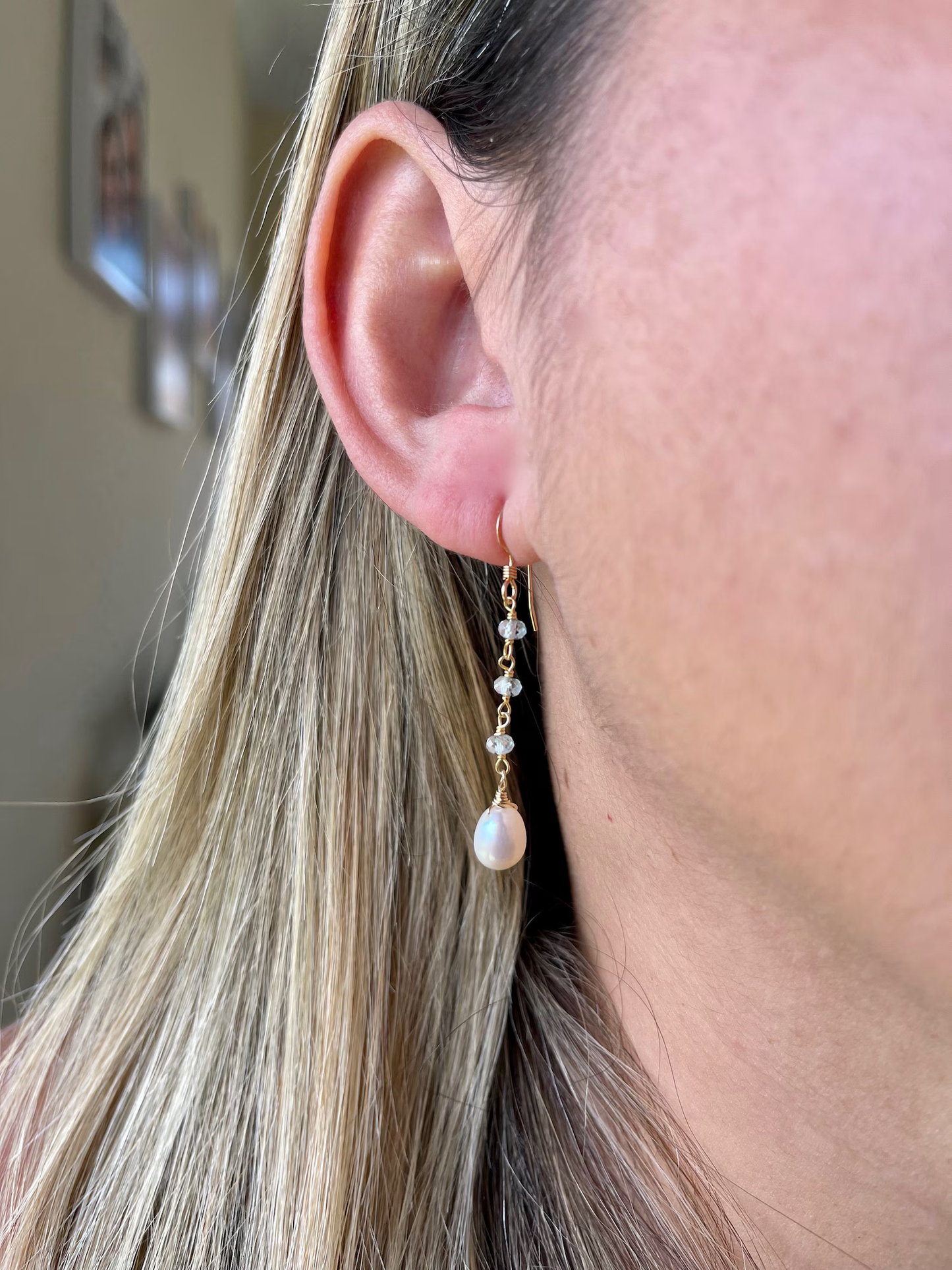Pearl and Aquamarine Dangle Earrings, March and June Birthstone