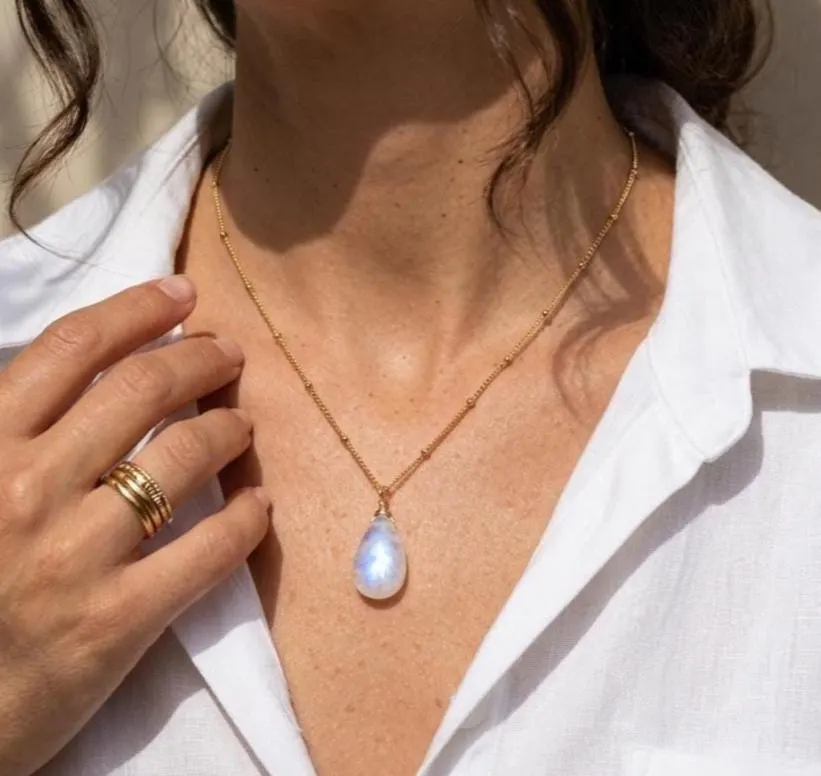 Rainbow Moonstone Smooth Teardrop Necklace- June Birthstone