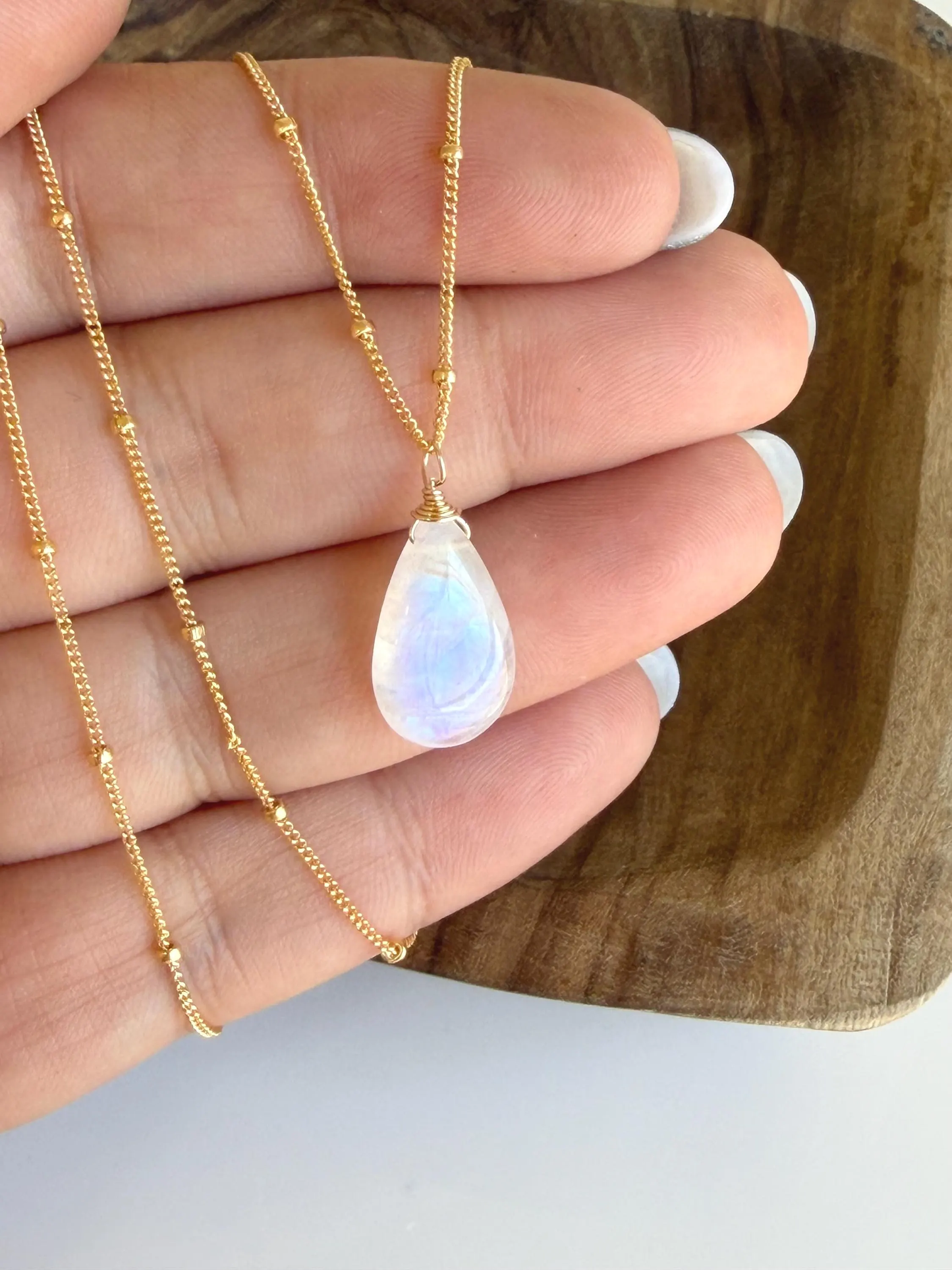 Rainbow Moonstone Smooth Teardrop Necklace- June Birthstone