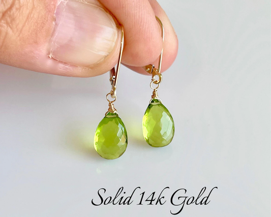 Peridot Teardrop Earrings- Solid 14k Gold August Birthstone