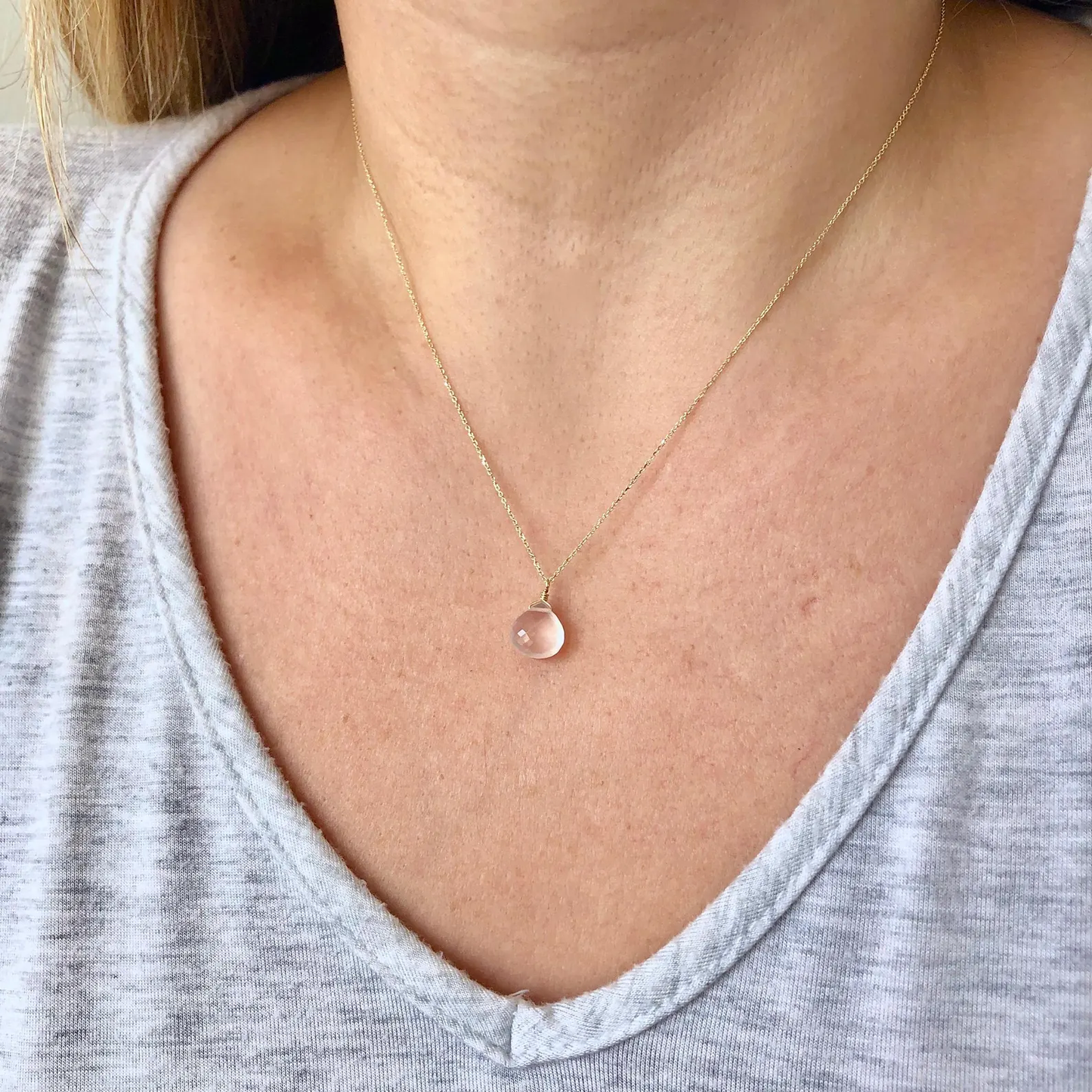 Rose Quartz Teardrop Necklace- Solid 14k Yellow Gold