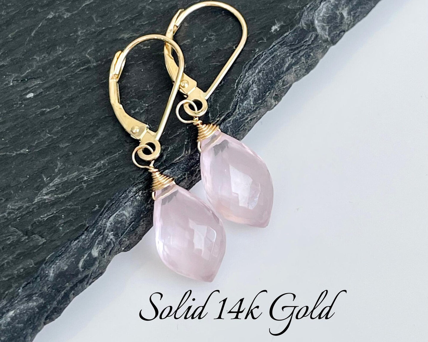 Rose Quartz Teardrop Earrings- Solid 14k Gold