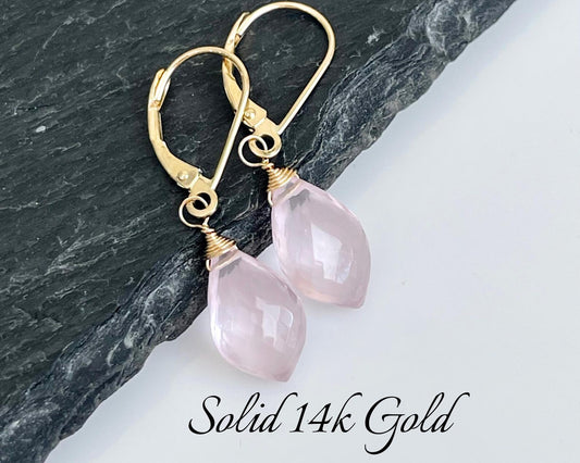 Rose Quartz Teardrop Earrings- Solid 14k Gold