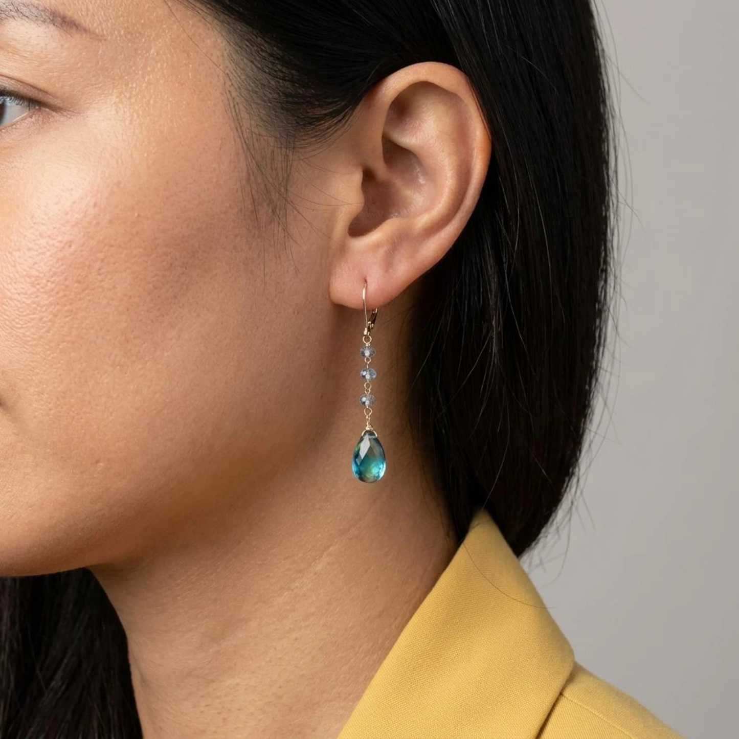 London Blue Topaz Elongated Earrings- Solid 14k Gold December Birthstone