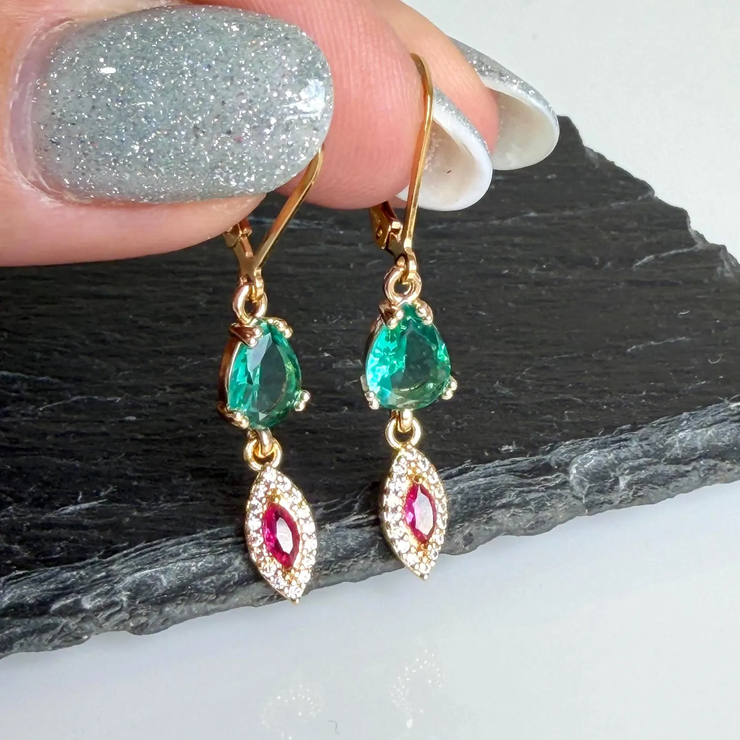 Apatite and Pink Zircon Earrings, Teal Green and Hot Pink Dangle Earrings in Gold,