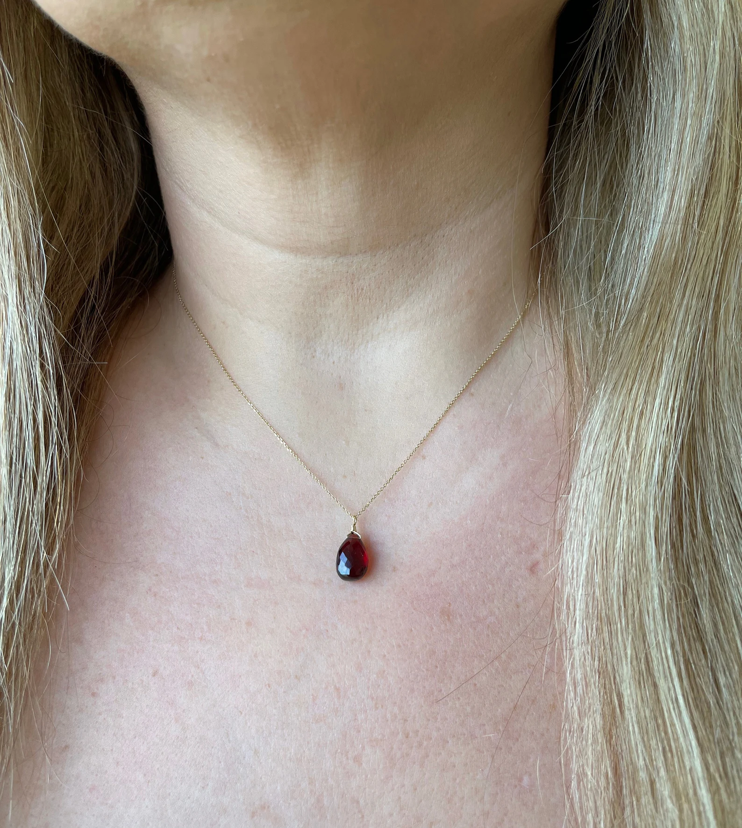 Garnet Teardrop Necklace- Solid 14k Gold January Birthstone