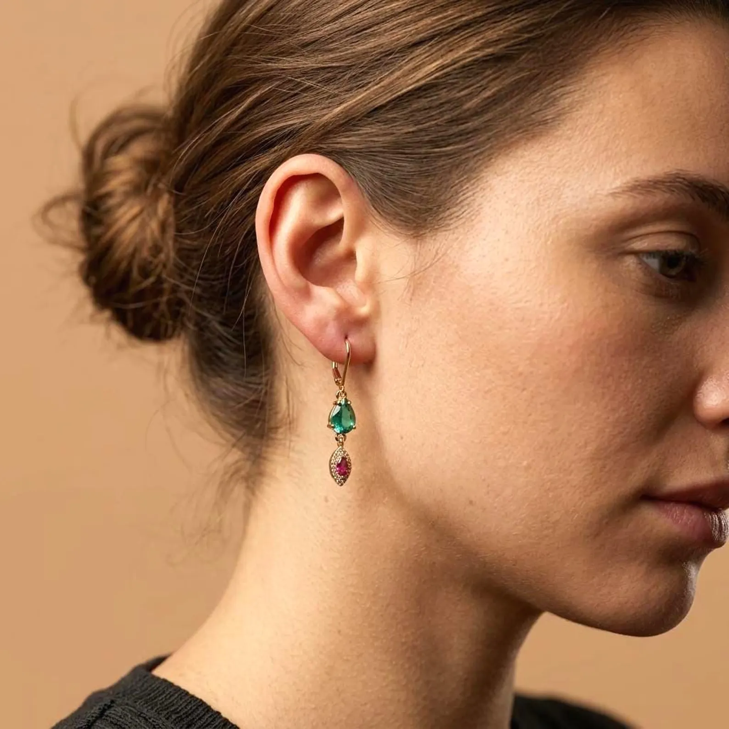 Apatite and Pink Zircon Earrings, Teal Green and Hot Pink Dangle Earrings in Gold,