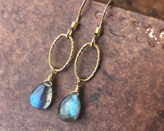 Labradorite Teardrop Oval Link Earrings