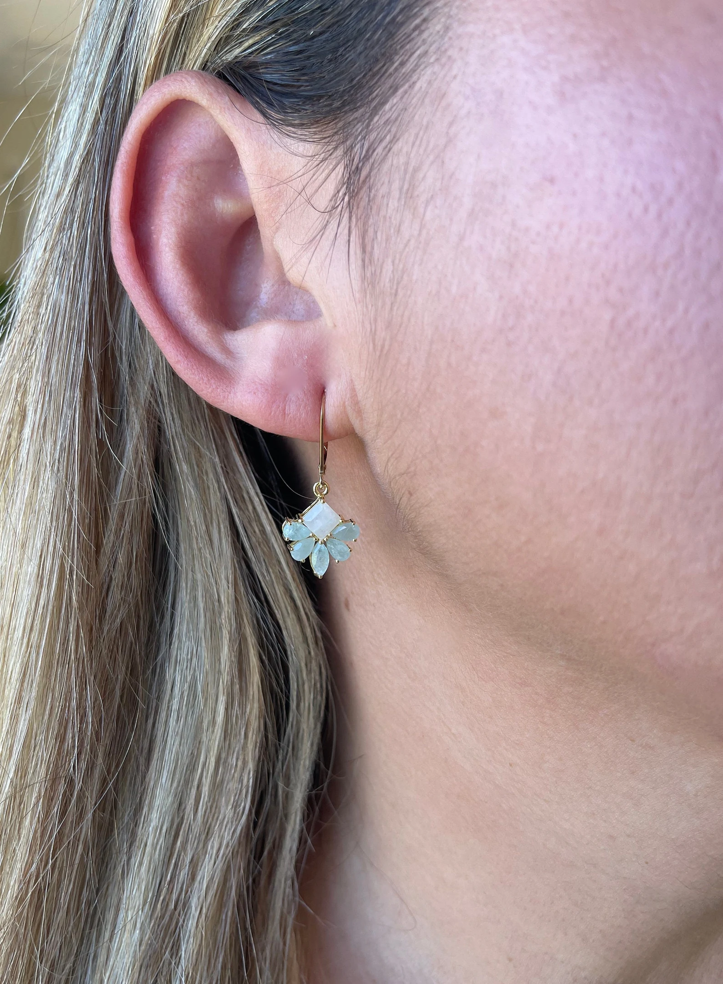 Aquamarine and Moonstone Flower Earrings