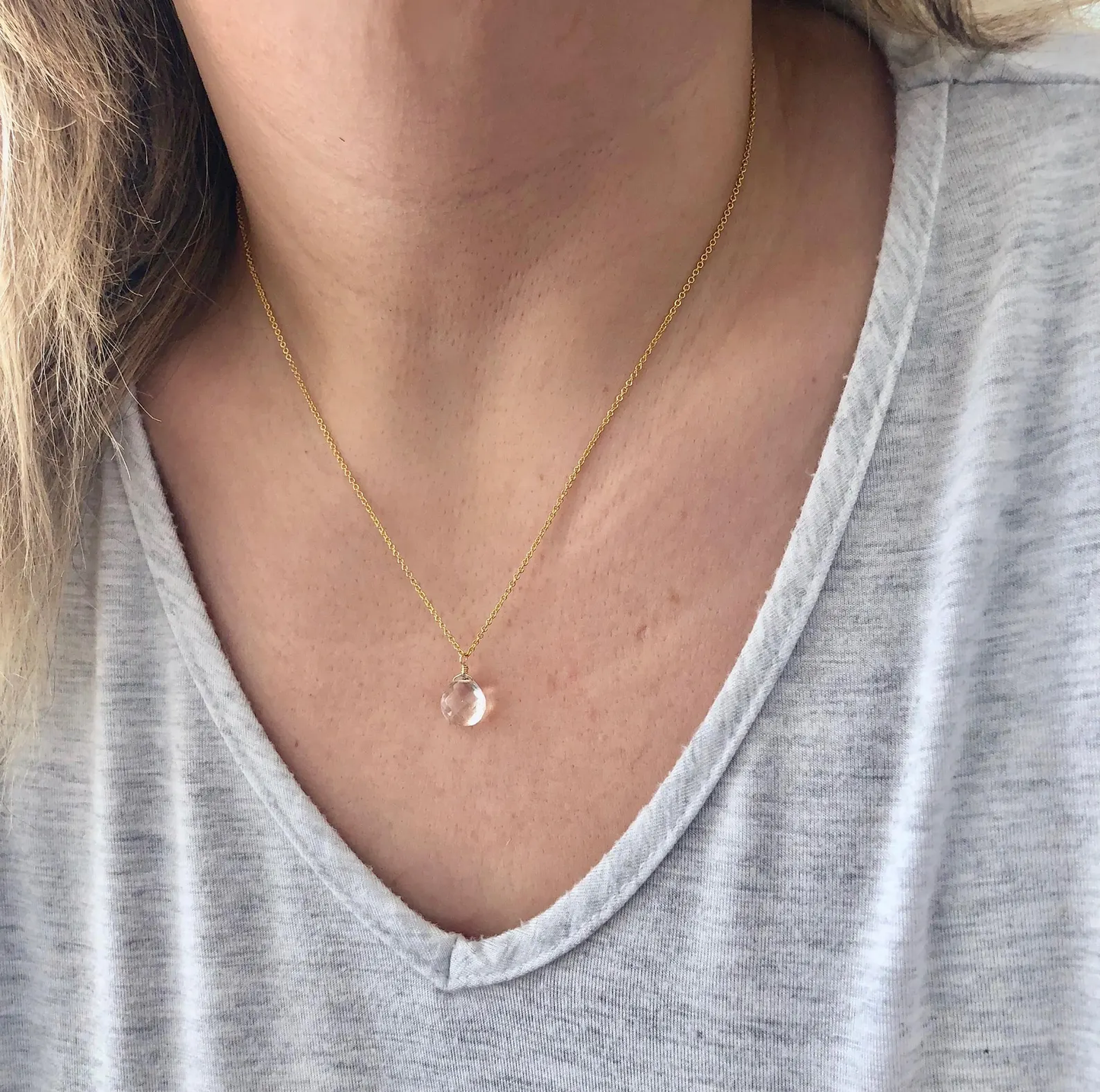 White Topaz Drop Necklace- Solid 14k Gold