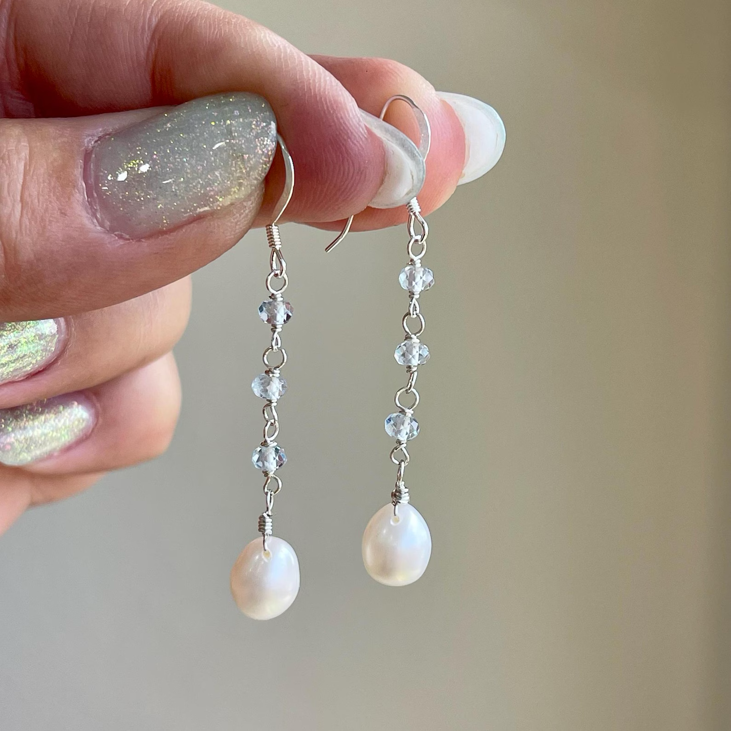 Pearl and Aquamarine Dangle Earrings, March and June Birthstone