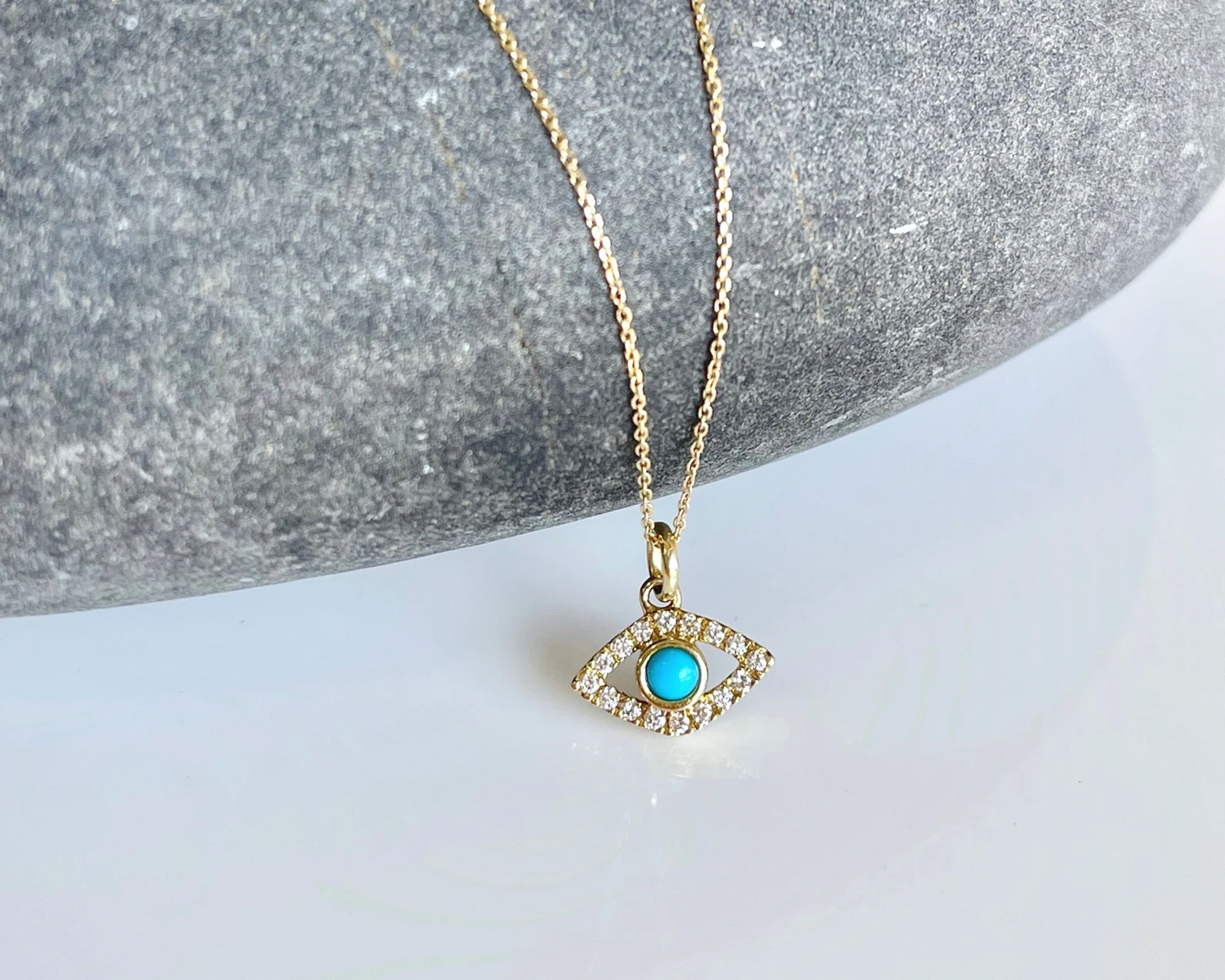 Diamond and Turquoise Evil Eye Necklace- Solid 14k Yellow Gold