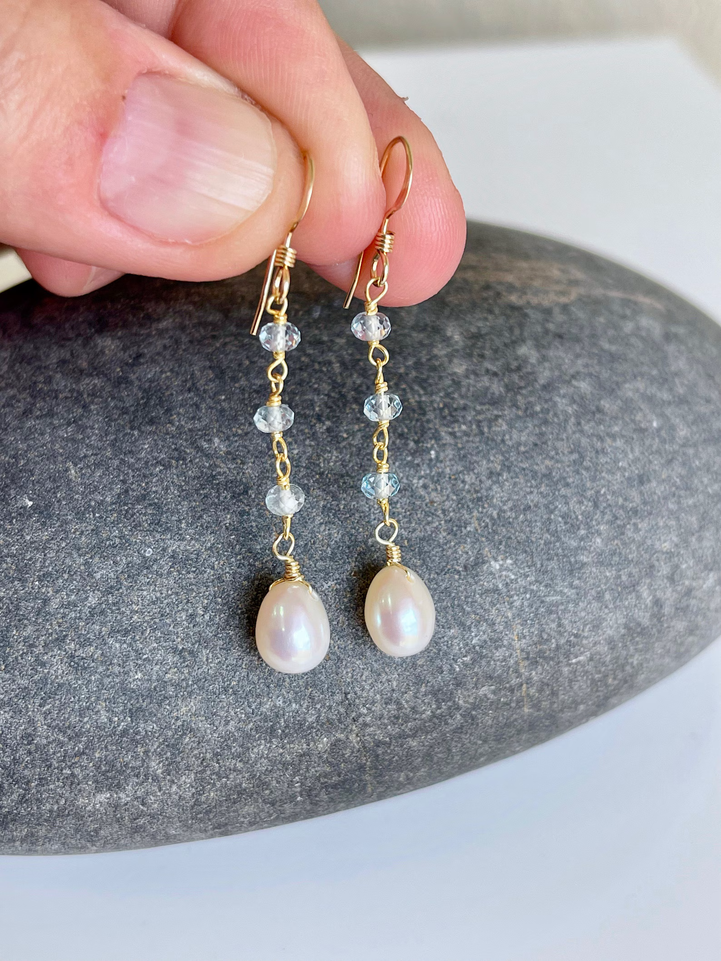 Pearl and Aquamarine Dangle Earrings, March and June Birthstone