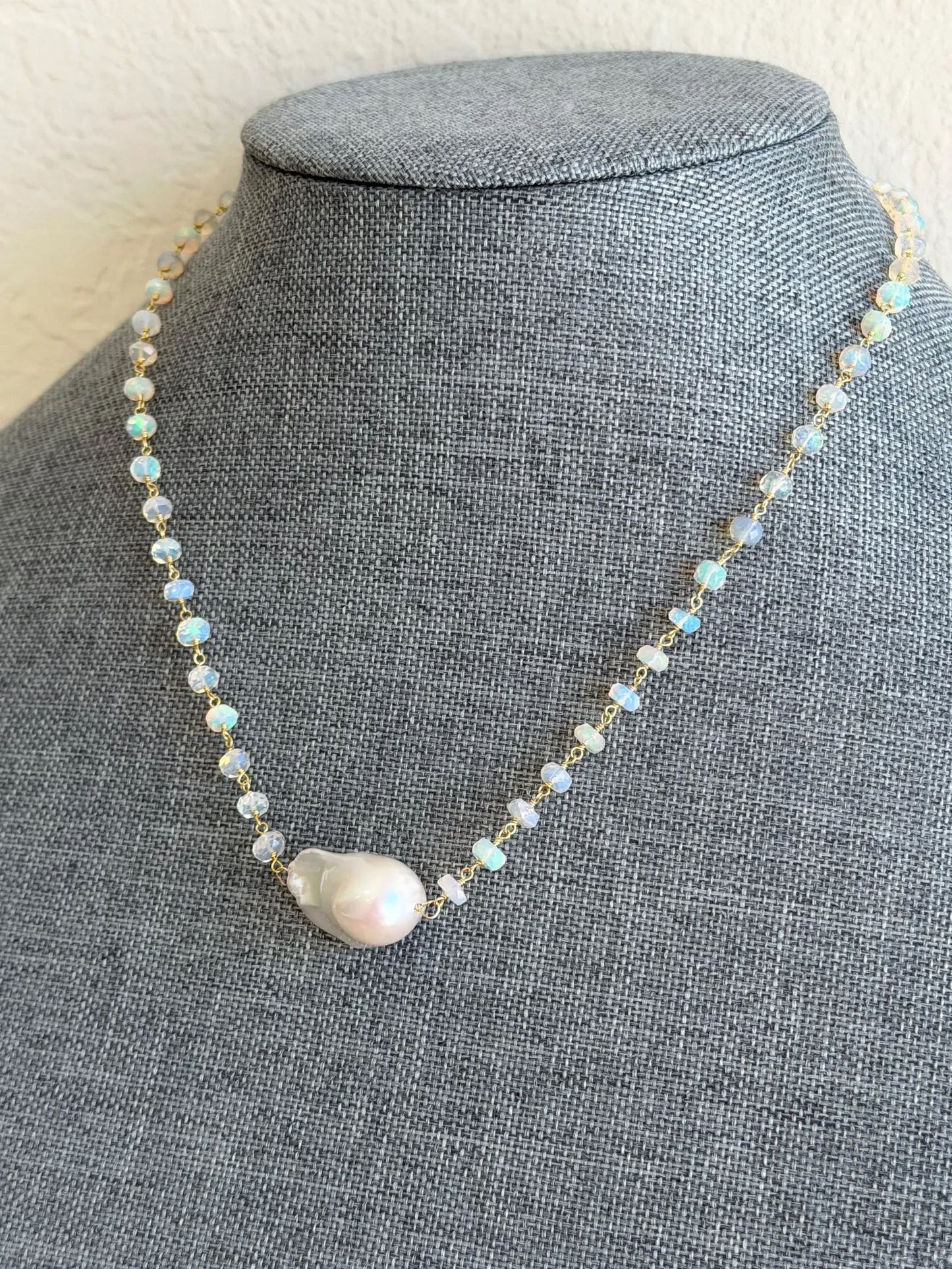 Baroque Pearl and Ethiopian Opal Beaded Necklace in Gold Filled, June and October Birthstone