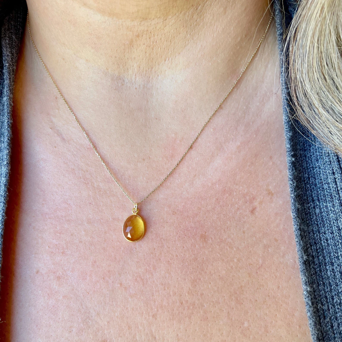 Yellow Topaz Oval Necklace- Solid 14K Gold November Birthstone