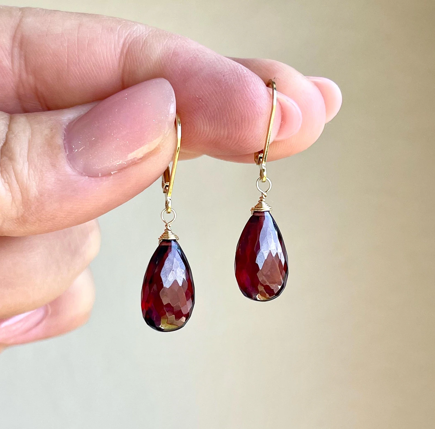 Garnet Teardrop Earrings- Solid 14k Gold