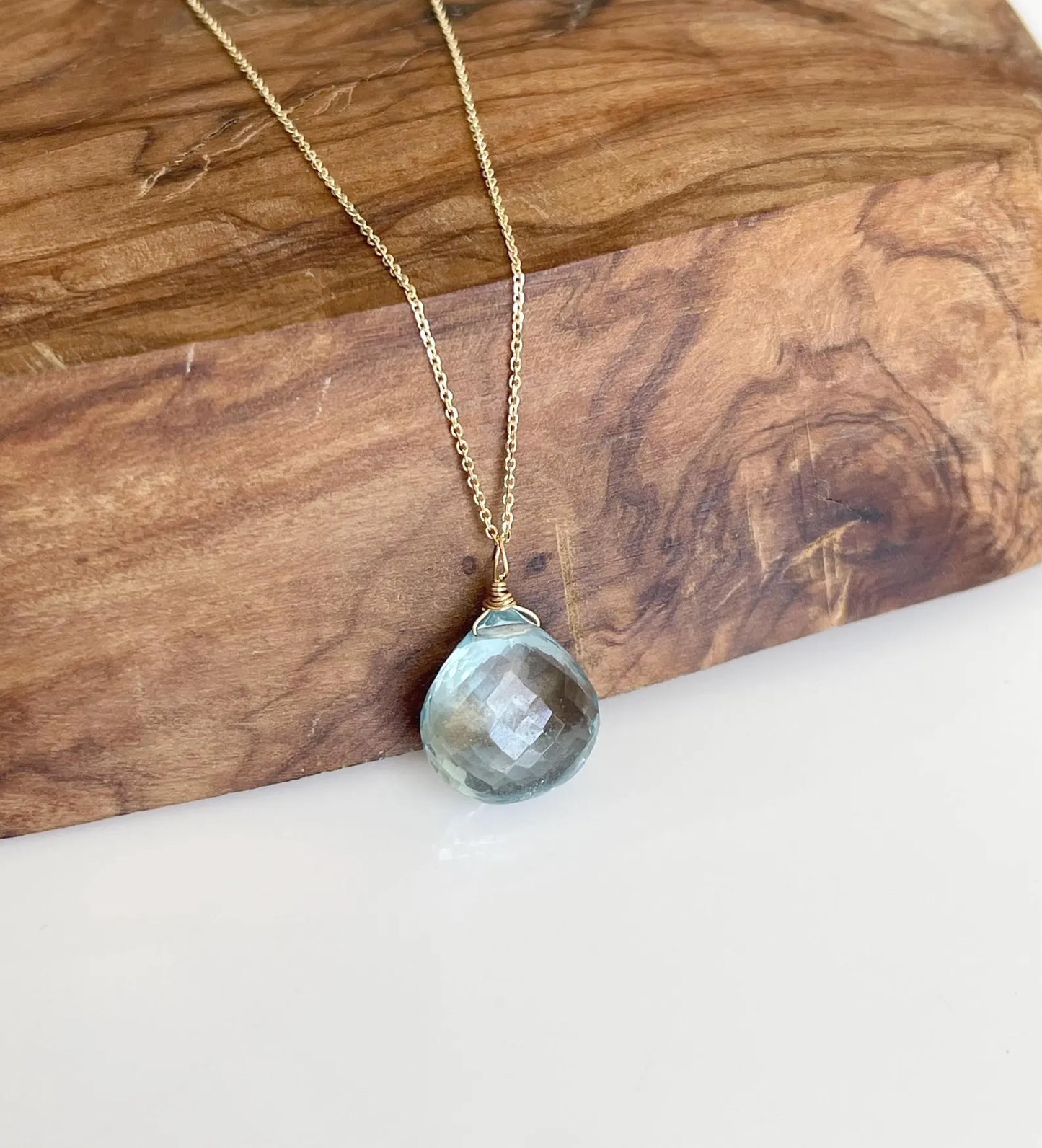 Aquamarine Teardrop Necklace- Solid 14k Gold March Birthstone