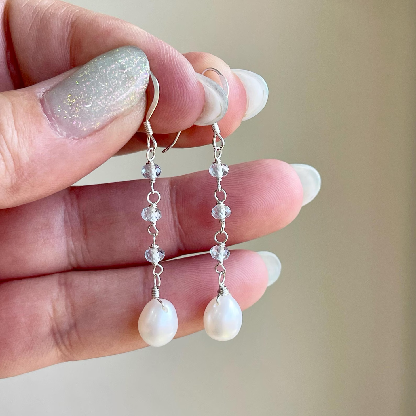 Pearl and Aquamarine Dangle Earrings, March and June Birthstone
