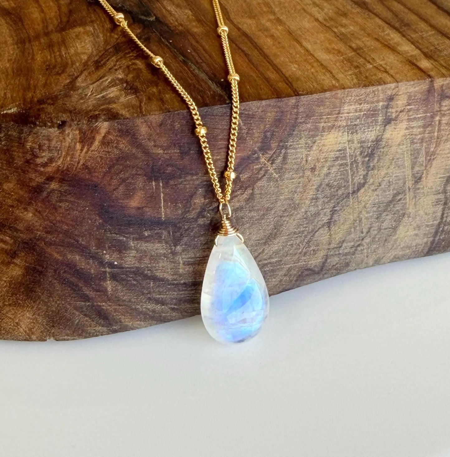 Rainbow Moonstone Smooth Teardrop Necklace- June Birthstone