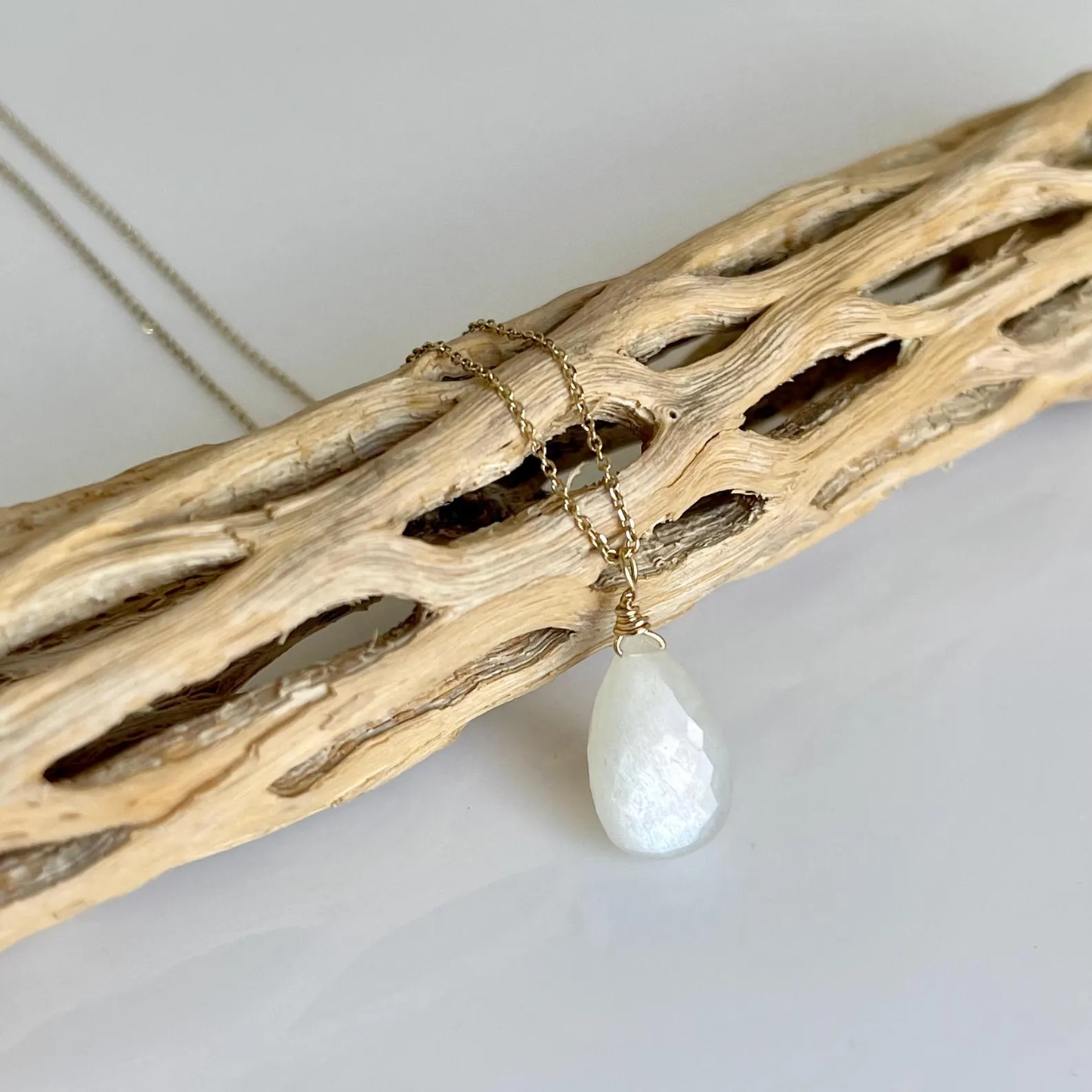 White Moonstone Necklace- Solid 14k Gold June Birthstone