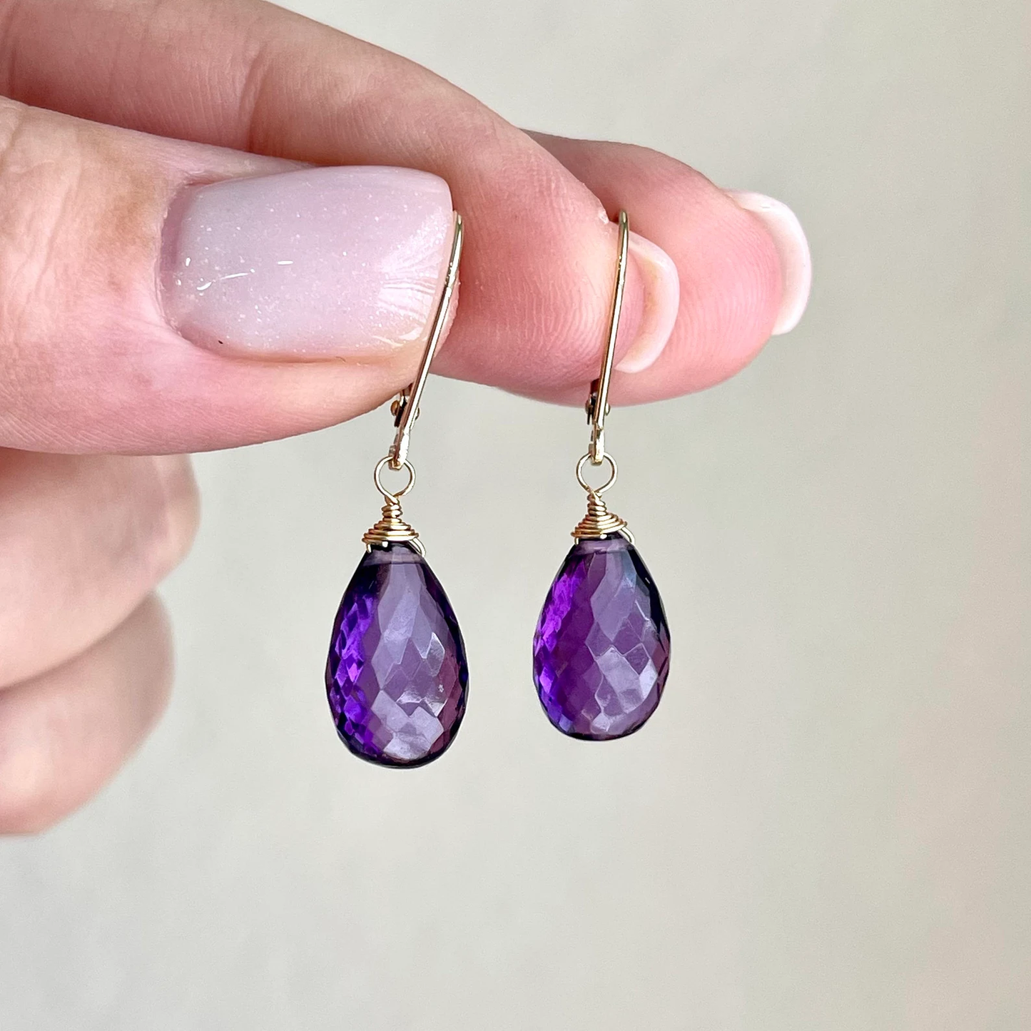 Amethyst Teardrop Earrings- Solid 14k Gold February Birthstone