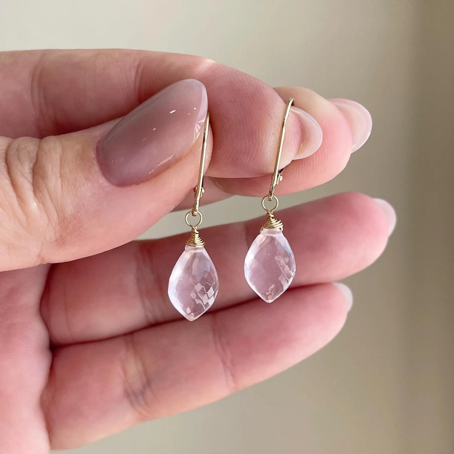Rose Quartz Teardrop Earrings- Solid 14k Gold
