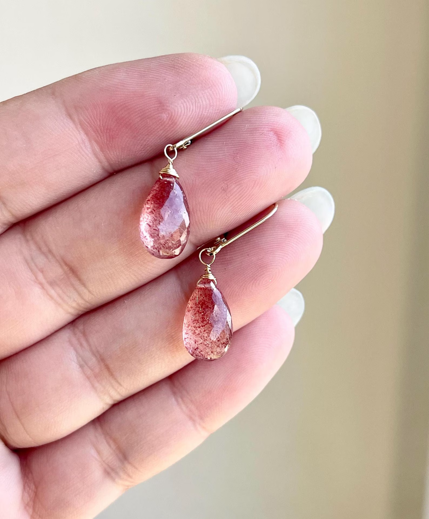 Strawberry Quartz Drop Earrings- Solid 14k Gold