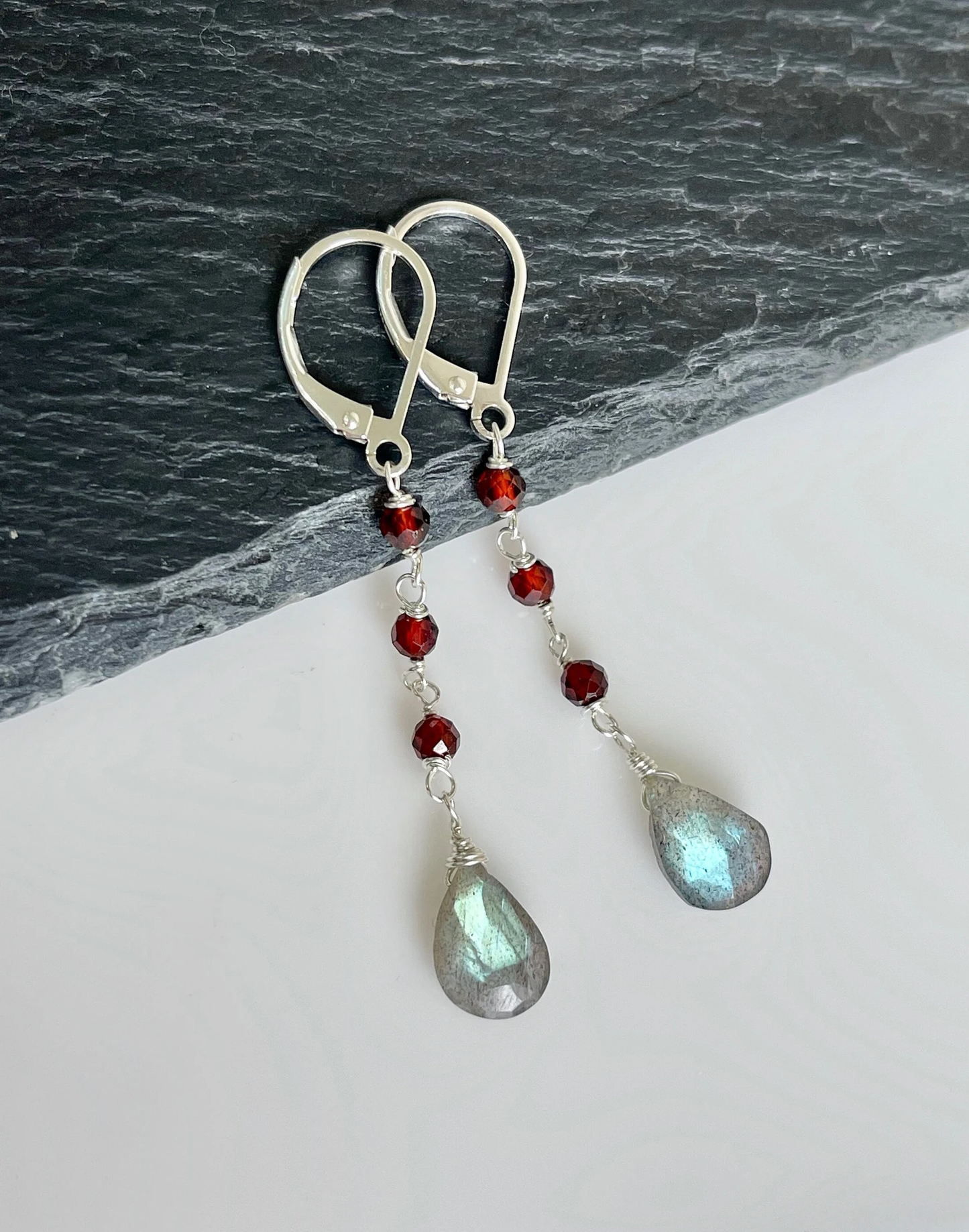 Labradorite and Garnet Wire Wrapped Earrings