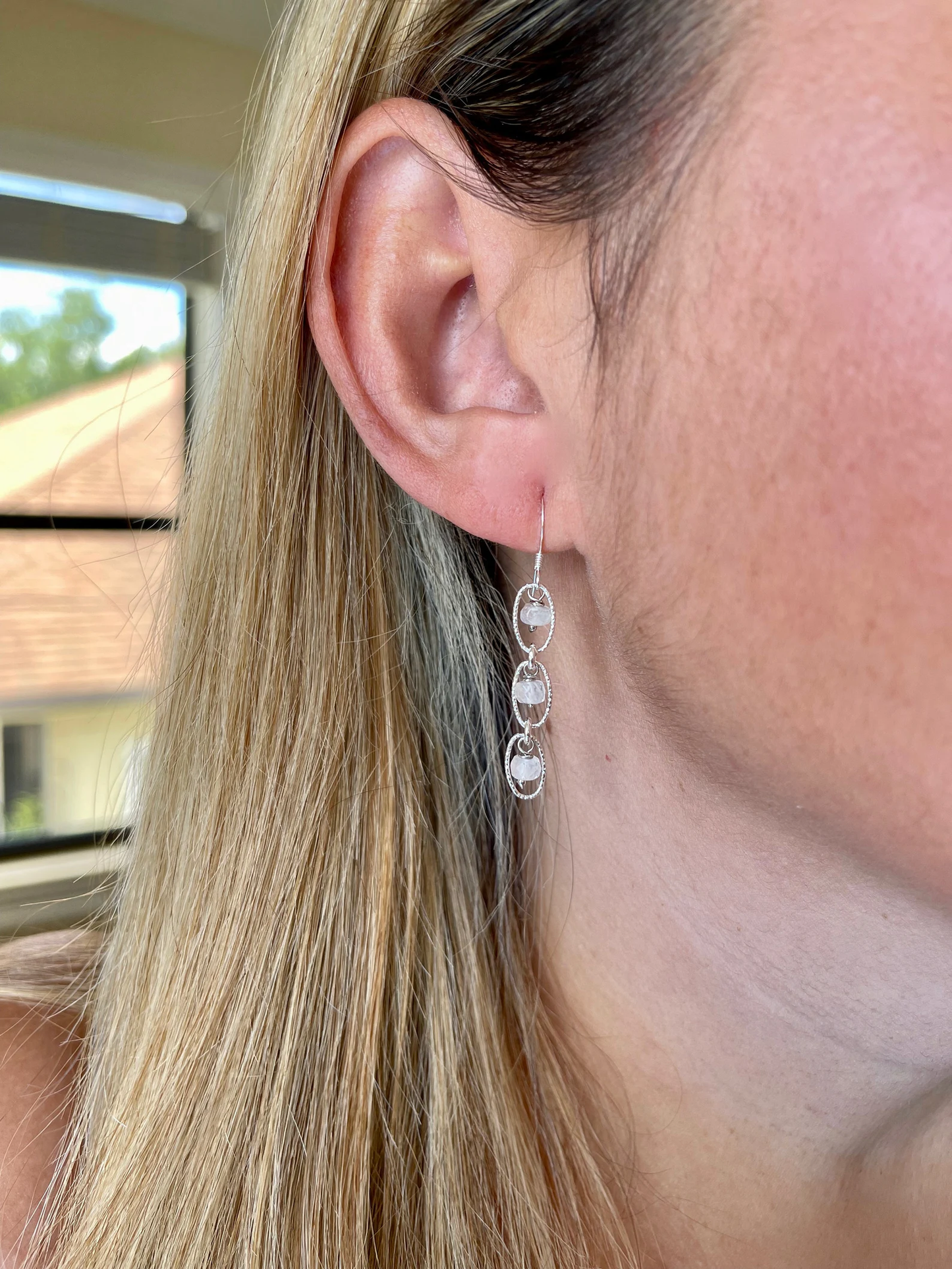 Rainbow Moonstone Oval Link Earrings- June Birthstone