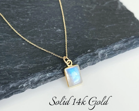 Rainbow Moonstone Tiny Baguette Necklace- Solid 14k Gold June Birthstone
