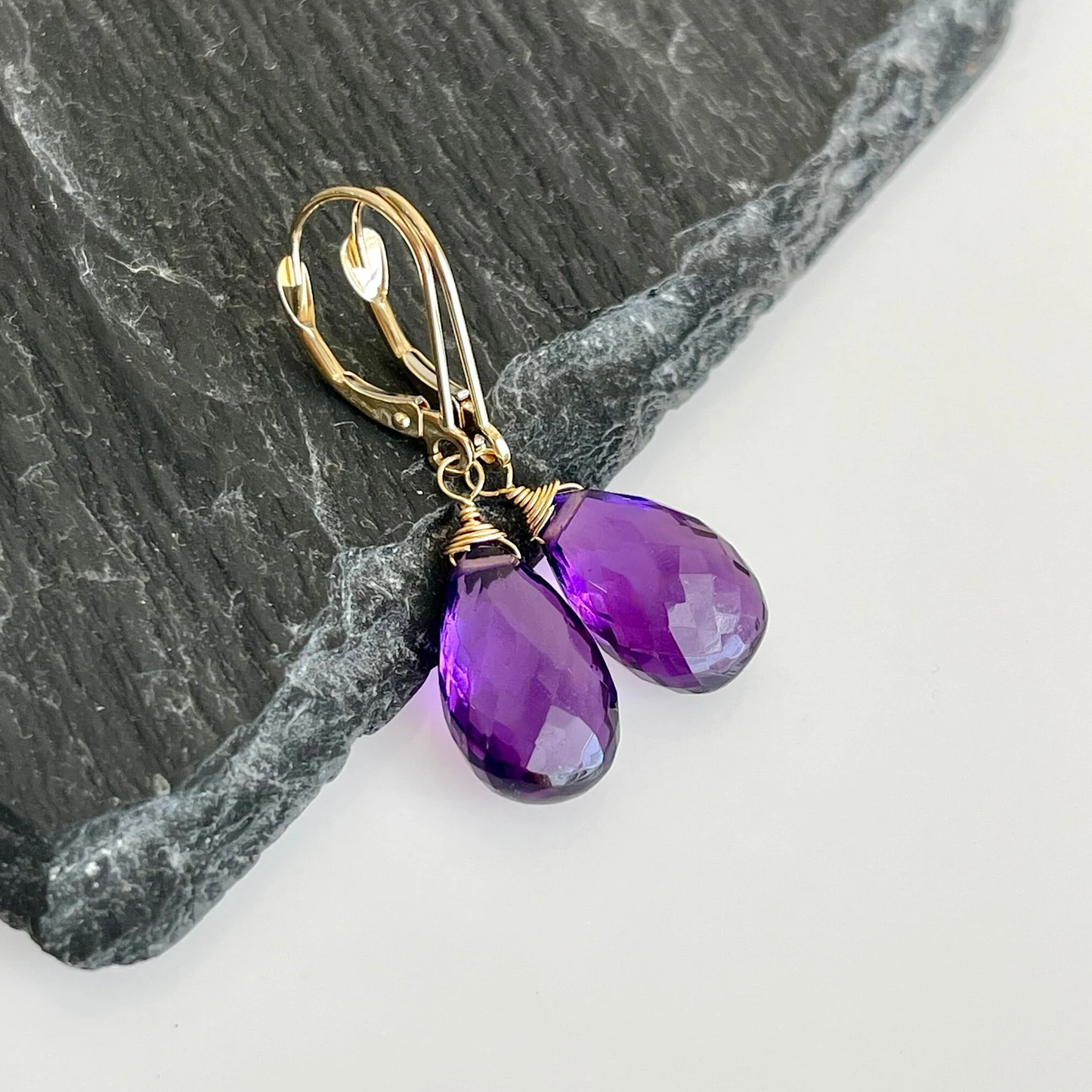 Amethyst Teardrop Earrings- Solid 14k Gold February Birthstone