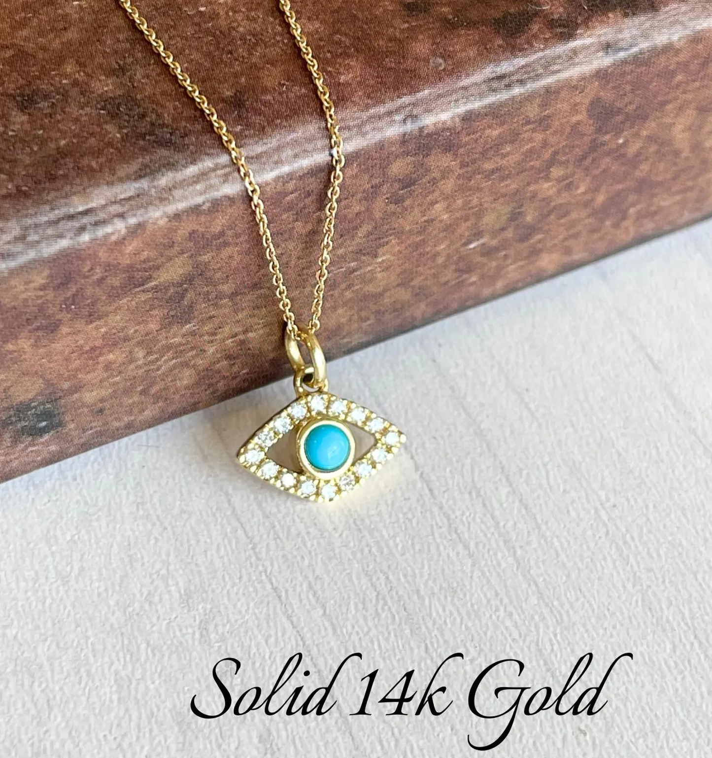 Diamond and Turquoise Evil Eye Necklace- Solid 14k Yellow Gold
