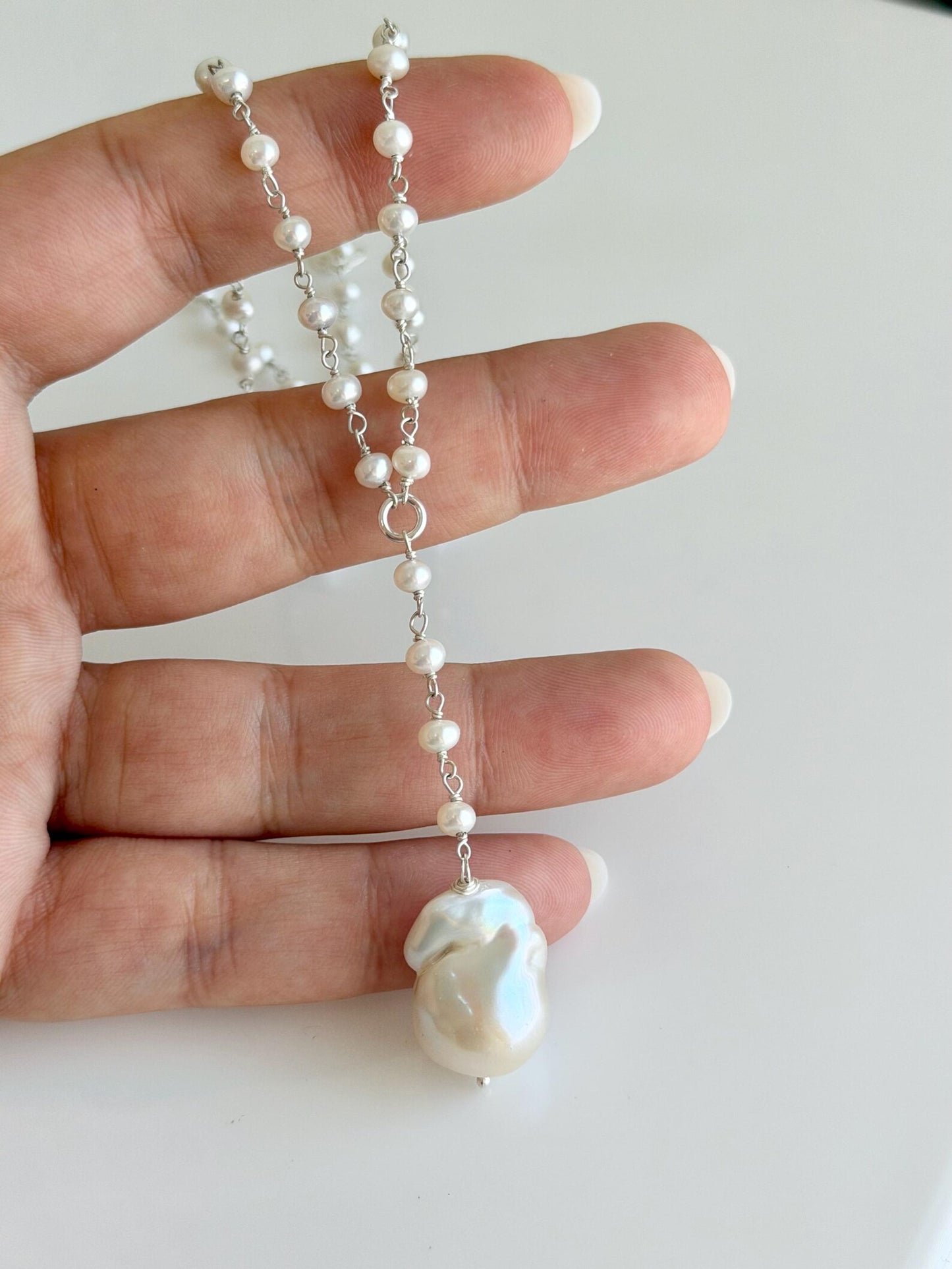 Baroque White Pearl Lariat Necklace