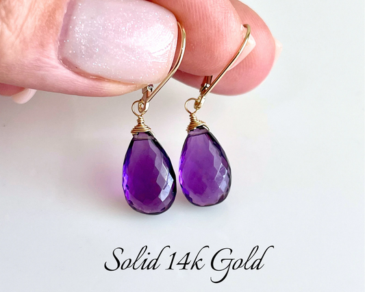 Amethyst Teardrop Earrings- Solid 14k Gold February Birthstone