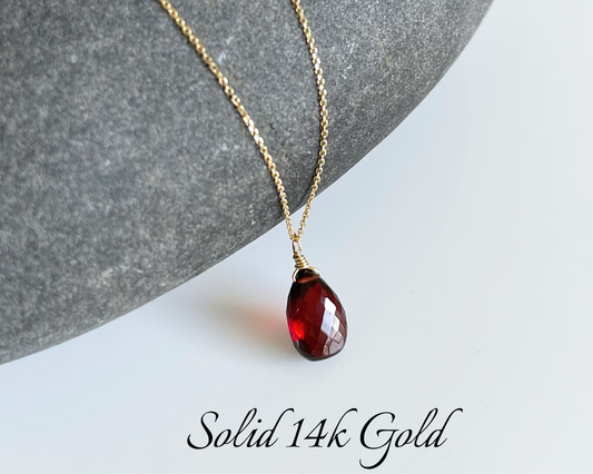Garnet Teardrop Necklace- Solid 14k Gold January Birthstone