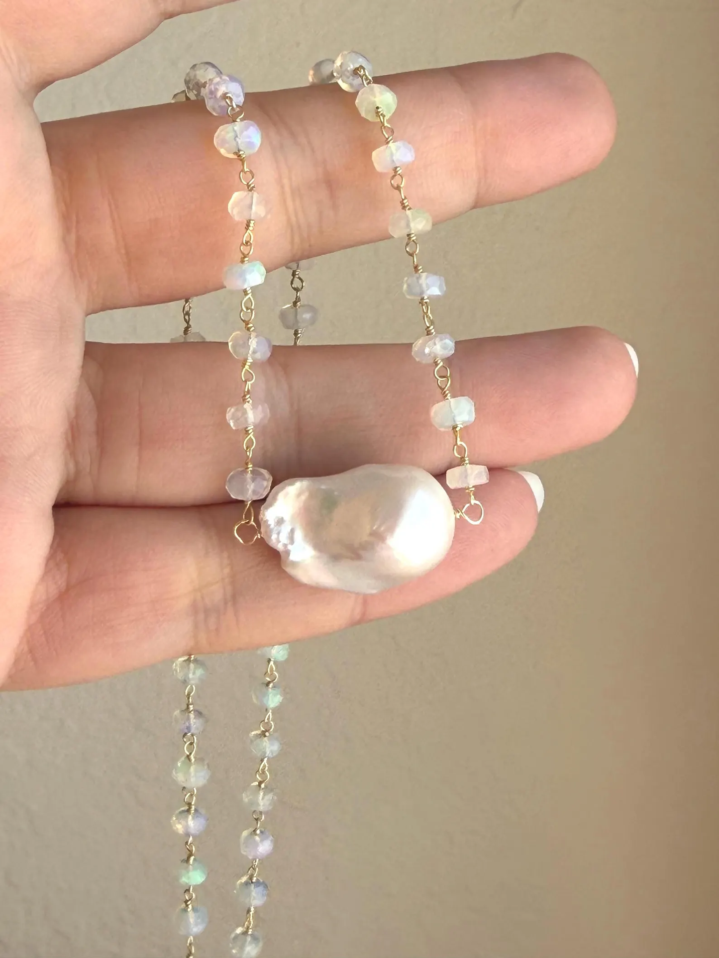 Baroque Pearl and Ethiopian Opal Beaded Necklace in Gold Filled, June and October Birthstone