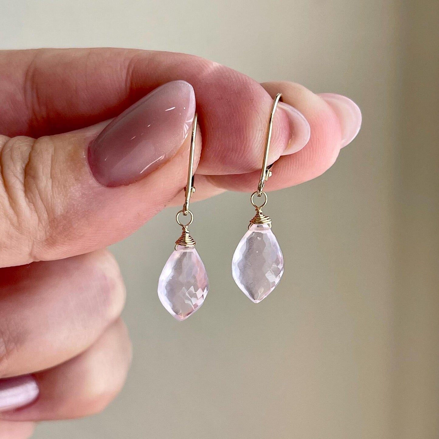 Rose Quartz Teardrop Earrings- Solid 14k Gold