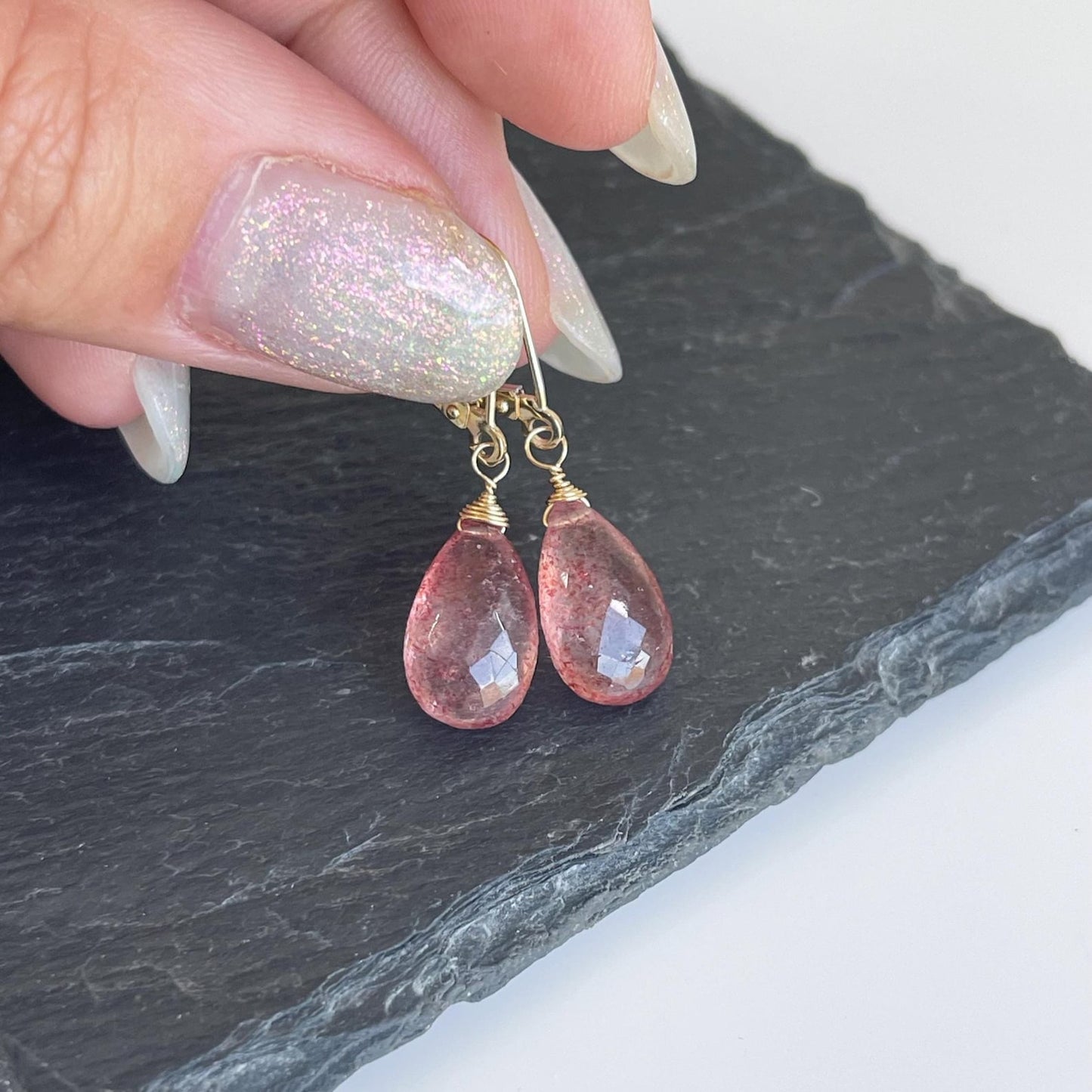 Strawberry Quartz Drop Earrings- Solid 14k Gold