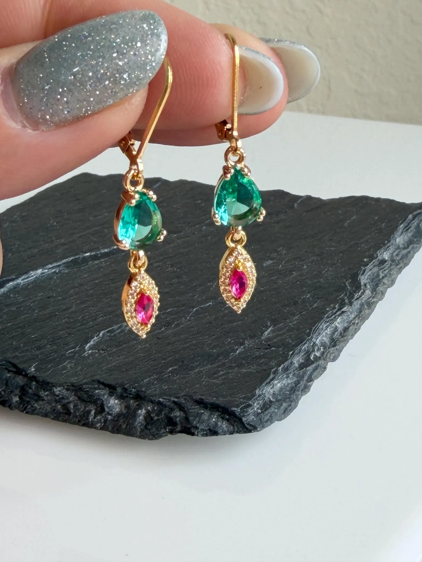 Apatite and Pink Zircon Earrings, Teal Green and Hot Pink Dangle Earrings in Gold,