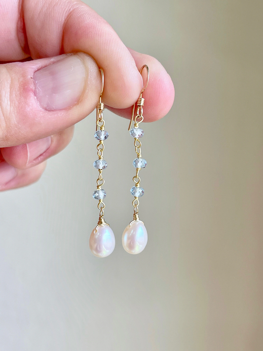 Pearl and Aquamarine Dangle Earrings, March and June Birthstone