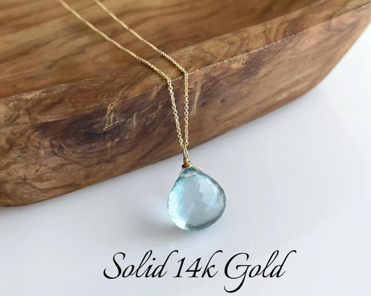Aquamarine Teardrop Necklace- Solid 14k Gold March Birthstone