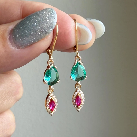 Apatite and Pink Zircon Earrings, Teal Green and Hot Pink Dangle Earrings in Gold,